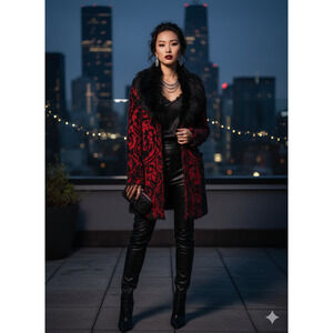 Black Rivet Womens Red Black Faux Fur Trim Long Sleeve Cardigan Sweater Size L